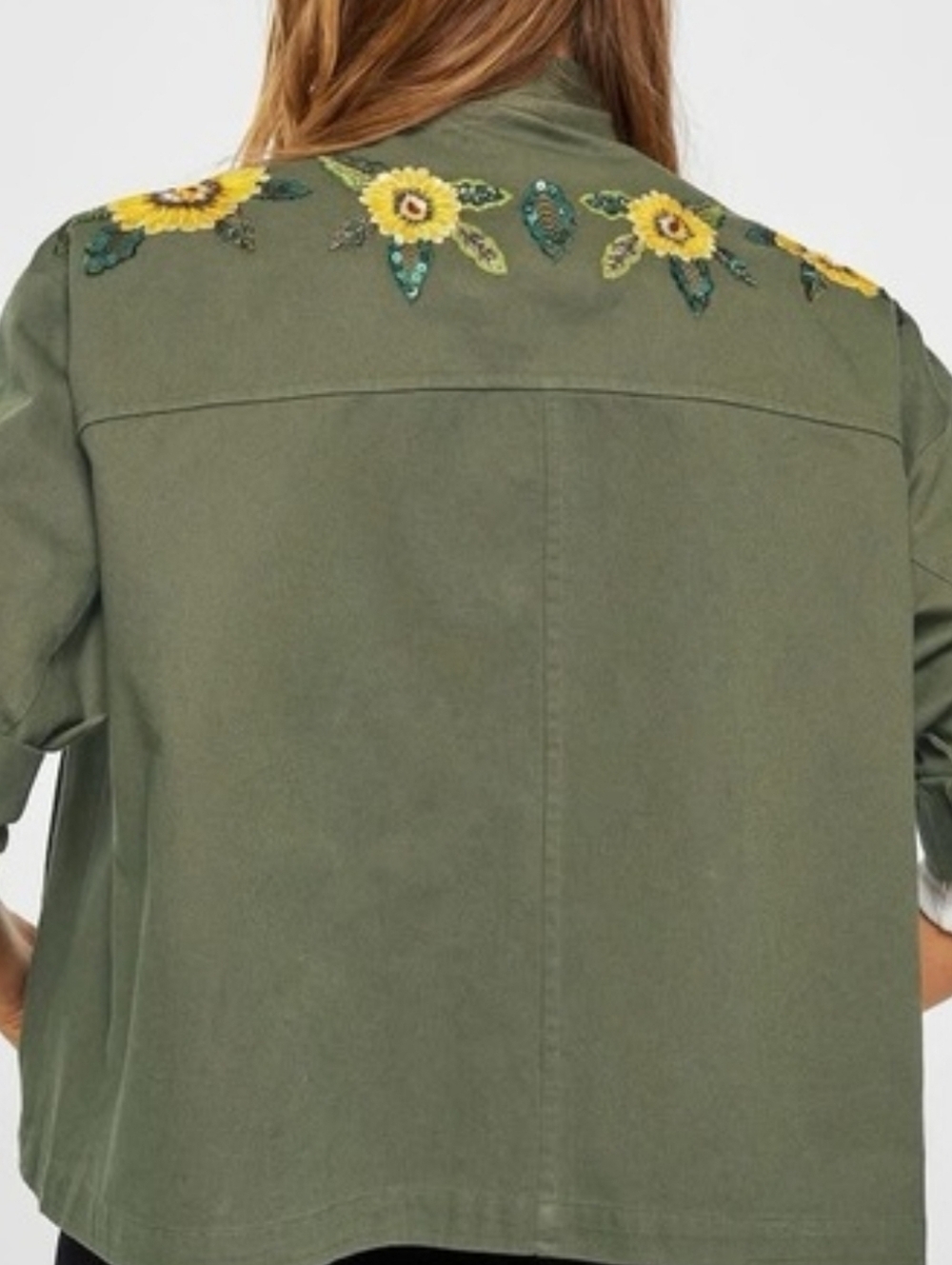 Mango Embroidered Utility Jacket Olive Floral Military Boho S - Picture 2 of 12